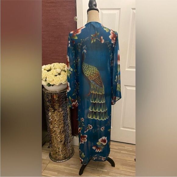 Agua Bendita Dresses & Skirts - Agua Bendita Blue and Green peacock  print Kimono, one size